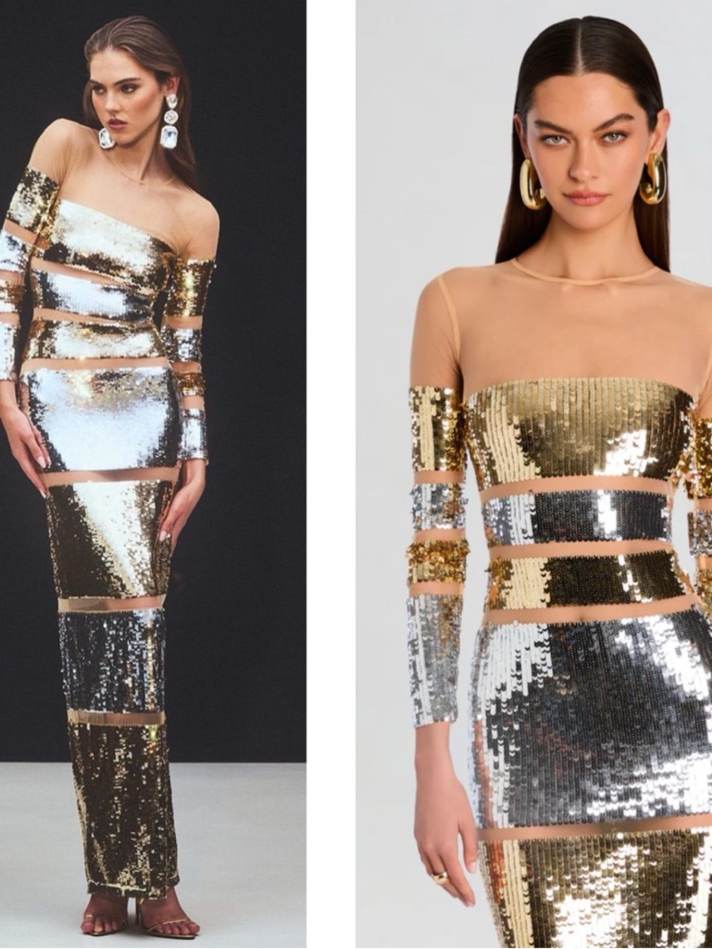 RETROFETE Desi Sequin Embellished Long Sleeve Sheer Mesh Maxi Dress Size Small